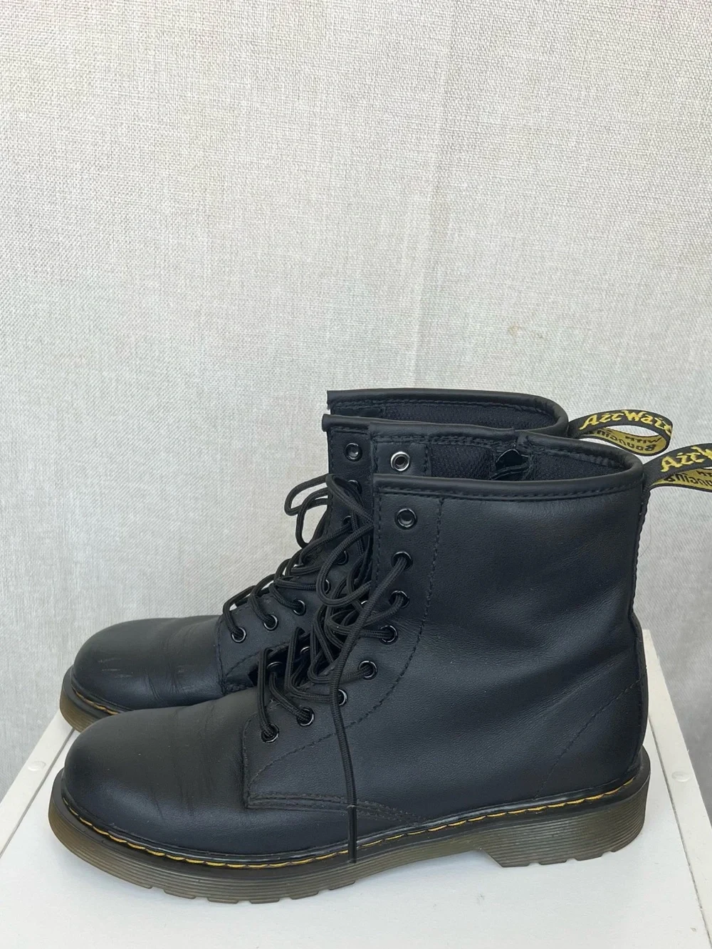Dr. Martens Black Leather 8-Eye Lace-Up Boots with Yellow Stitching
